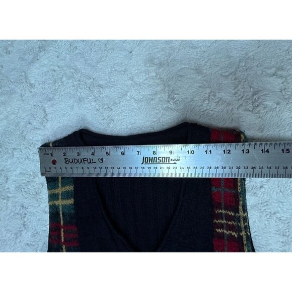 Vintage Precis Petite Small Black/Red Plaid Cable-Knit V-Neck Sweater Vest Wool - Picture 4 of 9
